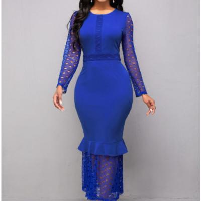 China Anti-Static Summer Maxi Long Sleeve Casual Womens Dresses Long Sleeve Round Lace Neck Mermaid Quilted Dress for sale