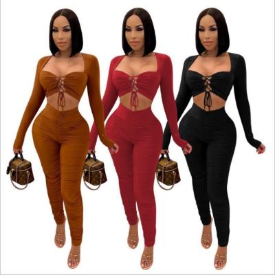 China Fashion QUICK DRY Women's Long Sleeve Solid Color Bodycon Lace Up Pencil Top Pants Set 2pc for sale