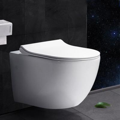 China Automatic Operation Gravity Bathroom Rimless Wall Hanging Ceramic WC Concealed Cistern Wall Hung P Trap Toilet With Cistern for sale