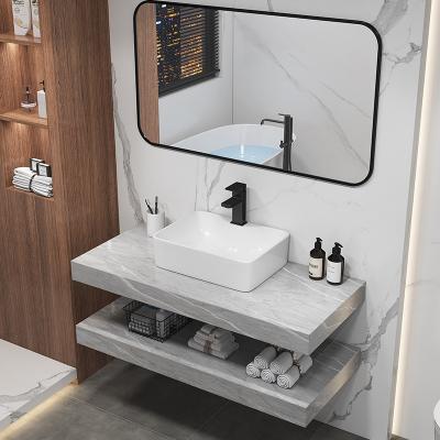 China 2 Layer Slate Floating Marble Sink Modern Wall Mounted Ceramic Bathroom Vanity Tops Rock Cabinet Bathroom Sink for sale