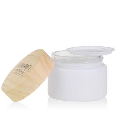 China White Cosmetic Packaging 50ml 100ml 120ml 200ml Matte Wide Mouth Cosmetic Glass Body Butter Jar With Bamboo Grain Plastic Lid for sale