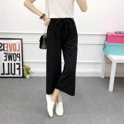 China New Fashion Women Lady Breathable Wide Leg Loose Pants Korean Striped Dot Grid Lace Up Waist Slim Casual Cropped Pants for sale