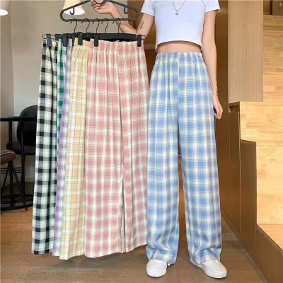 China Summer High Waist Wide Leg Pants Breathable Women High Waist Plaid Trousers Casual Straight-leg Loose Pants for sale