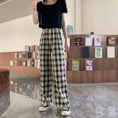 China Straight-Leg Loose High Waist Leg Pants Women High Waist Home Wear Casual Plaid Wide Leg Pants Breathable for sale