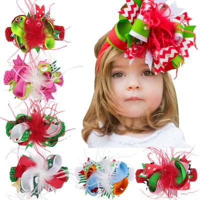 China Party Christmas Feather Grosgrain Ribbon Baby Bow Headband for sale