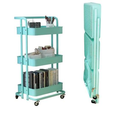 China 3 Layer Metal Home Metal Folding Foldable Storage Rack Trolley Kitchen Trolley Cart for sale