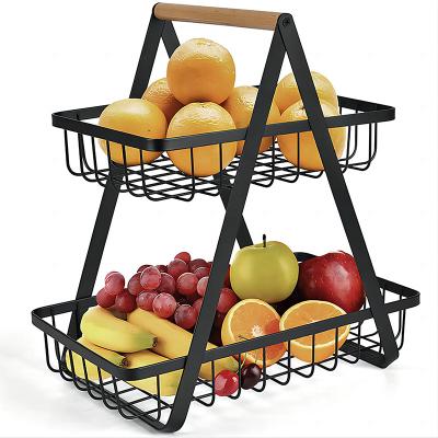 China New-fashion creative 2 tier metal wire fruit storage vegetable basket with wooden handle for sale