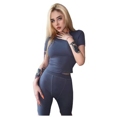 China 9920 Women Wear Solid Color QUICK DRY Short Sleeve Shorts Set Sexy Night Club Style Band Halter Yogo Sports Biker Two Piece Set Suits for sale