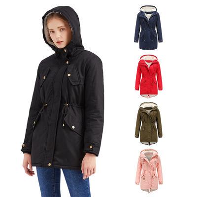 China new Anti-wrinkle autumn and winter jacket women solid color pure cotton quilted drawstring hooded waist thickened cotton jacket plus velvet for sale