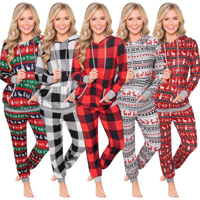 China Wholesale Breathable Women Fall Christmas Cute Elk Winter Hooded 2 Long Sleeve Pajamas Two Piece Plaid Sleepwear Set Girls Clothing 2020 for sale