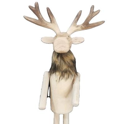 China Europe Wholesale Christmas Craft Ornaments Wooden Standing Deer Crafts Christmas Decor With Fur for sale