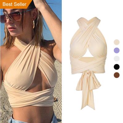 China Viable Girl's Clothing Streetwear Outfits Criss Cross Camis Crop Halter Bandage Tops Patchwork Hollow Out Women Shape Sexy Tank Tops for sale