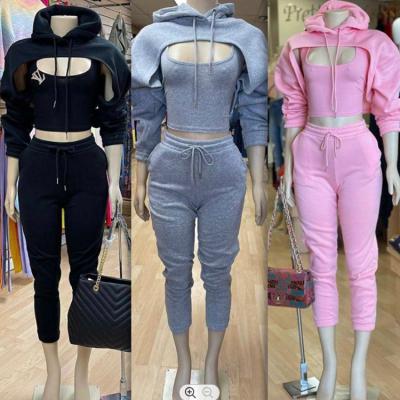 China Spandex/Polyester Women's 3 Piece Pants Sports Suspenders Long Sleeve Sweater Hoodie Pants 3 Piece Set For Women for sale