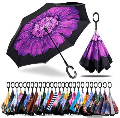 China Windproof Manual Double Layer Open Reverse Umbrella With Flower Prints for sale