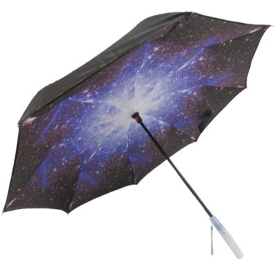 China Convenient For Car Interior Starry Sky Printing Right Handle Led Inverted Reverse Umbrella for sale