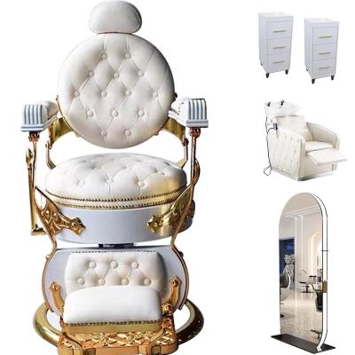 China Traditional white luxury barber chair set gold vintage barber salon furniture set for sale for sale