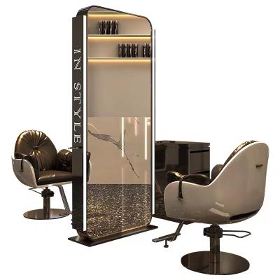 China Modern Luxury Light Barber Hairdresser Chairs Mirror Side Station Floor Mirror Cabinet Hair Beauty Salon Furniture LED Double Side Station for sale