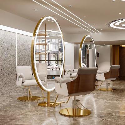 China Luxury Modern Gold LED Light Mirror Floor LED Hair Salon Furniture Beauty Station Hairdresser Chairs Double Side Mirror Station for sale