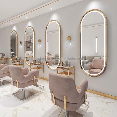 China Modern Luxury Light Mirror Cabinet Single Side Barber Golden Station Hair Beauty Salon Furniture Gold LED Mirror Cabinet for sale