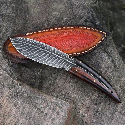 China New Damascus Non-variable Knife Design Feather Pattern Fixed Survival Tactical Hunting Knife With Leather Sheath for sale