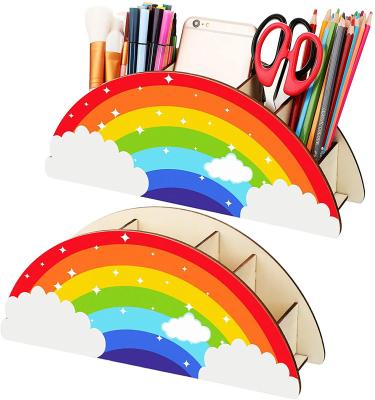 China Desktop Storage Organizer Hot Selling Wooden Stationery Rainbow Pen Holder Desk Organizer for sale