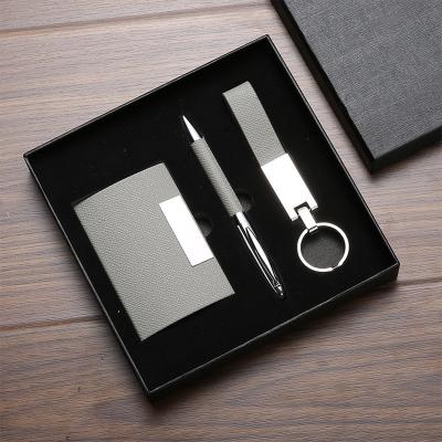 China Cheap Promotional Gift Points 3 in 1 Card Holder + Pen + Key Chain Father Gift Set Leather Gift Set Men's Gift Box Set for sale