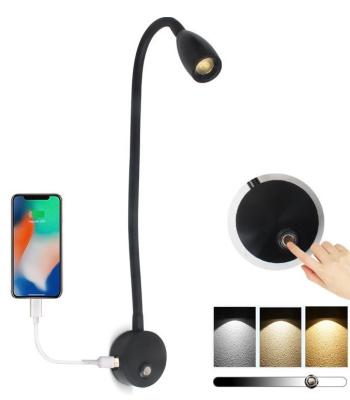 China Lámpara de cabeza de cama de dormitorio de 3 W flexible NEGRO USB montada en la pared Luz de lectura LED apagable en venta