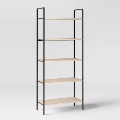 China 5-Shelf Bookcase 5 Tier Wood Industrial Metal Frame Modern Standing Book Shelves for sale