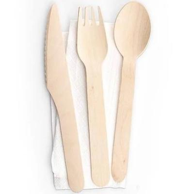 China Party Restaurant Picnic Disposable Wooden Cutlery Set Napkin 100% Birchwood Napkin 100% Birchwood Spoon 3+1 Natural Biodegradable Wooden Disposable Cutlery for sale