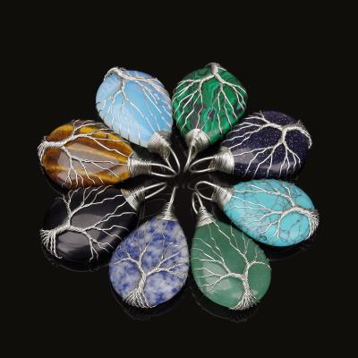 China Wholesale CLASSIC Natural Stone Crystal Pendant Necklace Silver Plated Wire Wrapping Tree of Life Gemstone Pendant Jewelry for sale