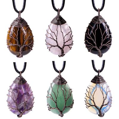 China CLASSIC Natural Stone Drop Shape Crystal Pendant Tree of Life Wrapping Pendant Gemstone Necklace Fashion Jewelry for sale