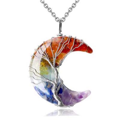 China New Arrival Crystal Stone Healing Orgonite CLASSIC Moon Chakra Resin Winding Crescent Moon Pendant Life Tree Pendant Necklace for sale