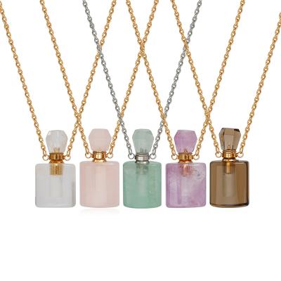 China Romantic Wholesale Natural Crystal Perfume Bottle Necklace Aromatherapy Healing Gemstone Perfume Bottle Pendant Necklace For Women for sale