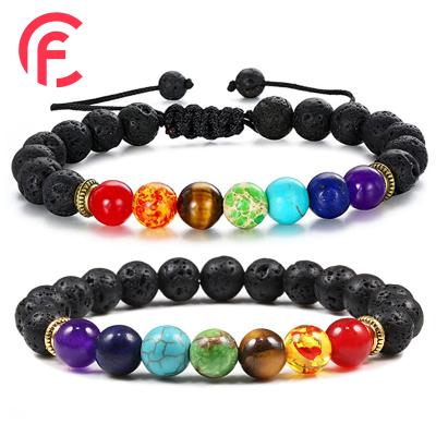 China CLASSIC 8mm Lava Rock 7 Chakras Aromatherapy Essential Oil Diffuser Bracelets Braided Rope Natural Gemstone Yoga Beads Bracelet for sale