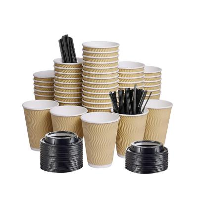 China Recycled Materials Custom Printed Disposable Corrugated Paper Ripple Coffee Cup With Lids for sale