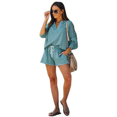 China Breathable fashion new two-piece pants sets pure color long sleeve T-shirt and shorts loose casual women's set for sale