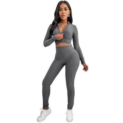 China Solid Color Breathable Women Fashion Two Piece Pants Set Zipper Sports Long Sleeve Top Gaiters Sport Set Tracksuit Workout Set for sale