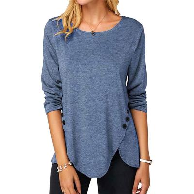 China New T-shirt O-neck color edge button button breathable irregular long sleeve loose casual t-shirt women's t-shirt. for sale