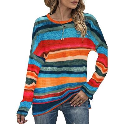 China Autumn New Breathable T-shirt Women Fashion Contrast Color Striped Round Collar Loose Casual T-shirt for sale