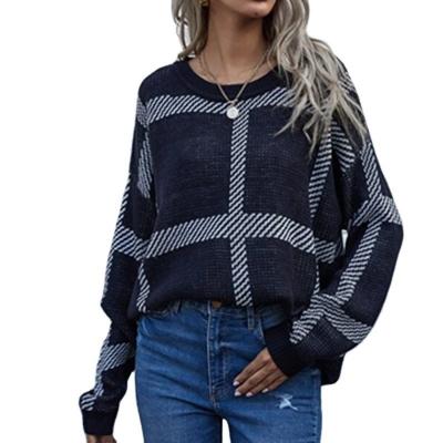 China New Breathable Plaid Round Neck Loose Sweater Knitted Sweater Women for sale