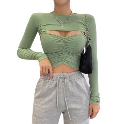 China Autumn Fashion Pure Color Pleated Breathable Sling Women Long Sleeve Blouse Tops for sale