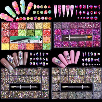 China 1 Custom Mixed Multi ab Rhinestone Crystal Diamond In Grids Box Size Nail 21 Shape Flatback Rhinestones For Nail Crystal With Nail Pen Nail Crystal Box for sale