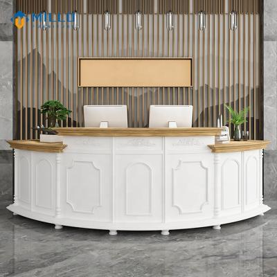 China High Gloss Customized Modern Customized White Semi Circle Office Hotel Beauty Salon Reception Counter Front Desk Gold for sale