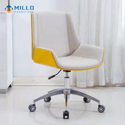 China Customized Modern Comfortable Soft Office Furniture Seat Cushion Leather Back Office Yellow Short Chair With Wheels for sale