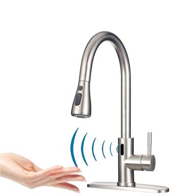 China Sense Faucets Brushed Nickel Gold Smart Sensitive Faucet Mixer Tap 2 Way Pull Out Taps Down Infrared Induction Sensor Kitchen Faucets for sale