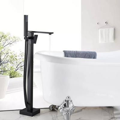 China Black Sliding Bar Tub Floor Filler Shower Set Faucet And Hand Held Shower Faucet Floor Standing Bath Shower Mixer Tap for sale