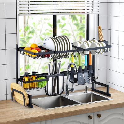 China Durable Stainless Steel 2-Tier Multi-Function Dish Drainer Hanging Dish Rack With Utensil Holder Over Kitchen Sink Dish Drying Rack for sale