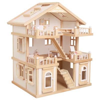 China Classic 3 Floors Girls Petend Role Playing Game Kids Large Wooden Doll House For Children KRKBQ00201 for sale