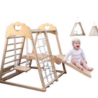 China New Sale Wooden Indoor Playground Wooden Swing Sets With Climbing Net for sale