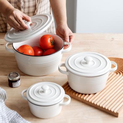 China Nordic Viable Simple Ceramic Oatmeal Dinnerware Breakfast Dessert Bowl Noodle Salad Bowl Belt Anti-scalding Handle for sale